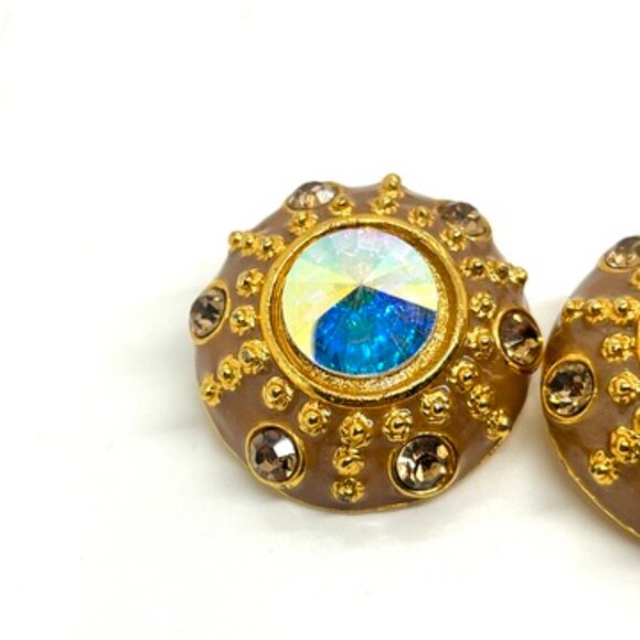 VINTAGE BLANCA AURORA BOREALIS RIVOLI ENAMEL GOLD TONE CLIP EARRINGS SIGNED - Picture 9 of 16
